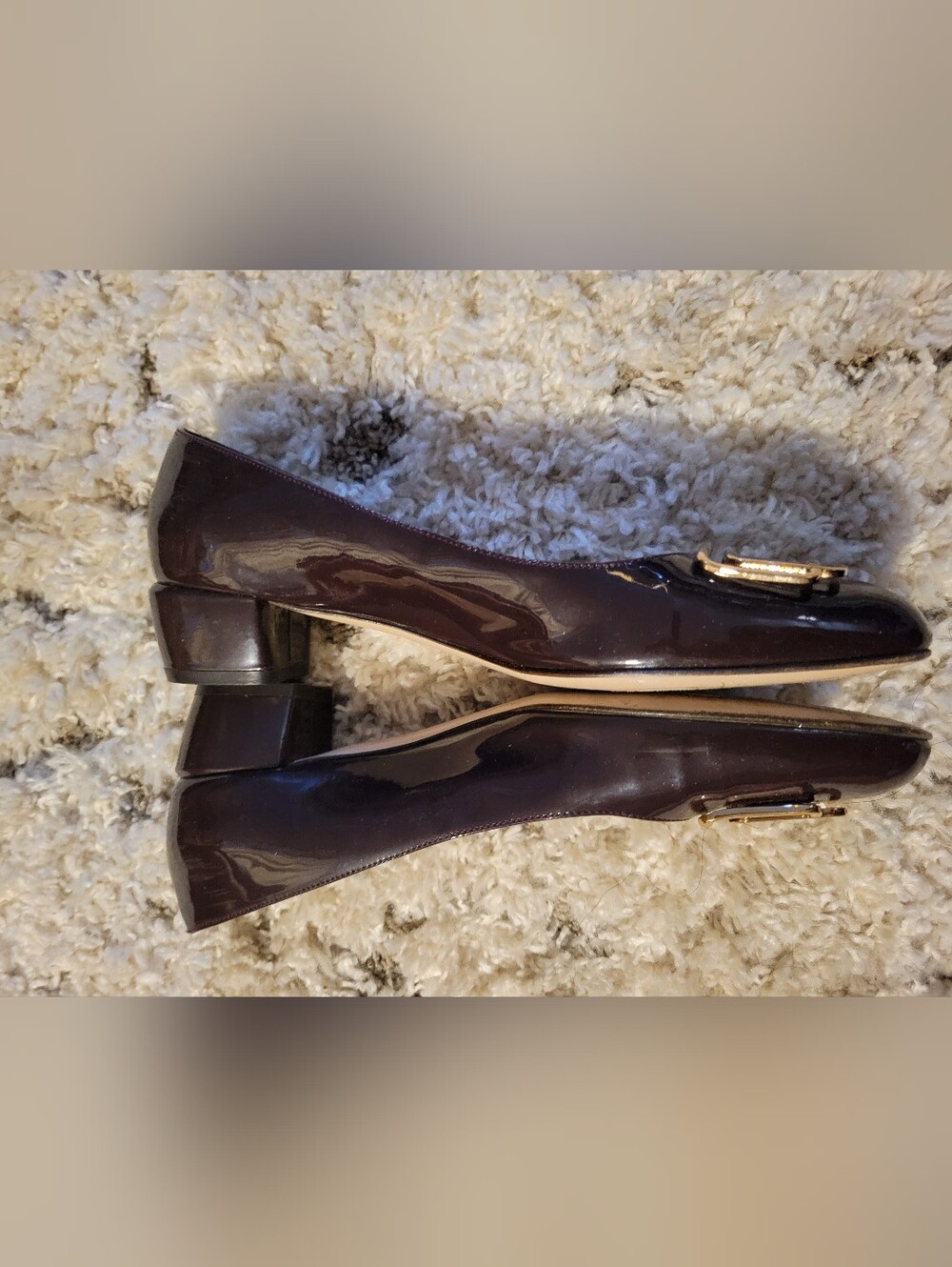 Salvatore Ferragamo Dark Brown Patent Leather Flats with Gold Buckle - Picture 4 of 16